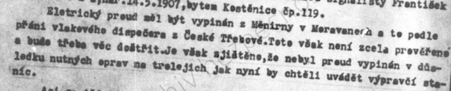 Proud nebyl vypínán v důsledku nutných oprav, jak by chtěli tvrdit výpravčí. Z pátracího svazku KR- 631808 MV s krycím jménem Mosty. Zdroj: Archiv bezpečnostních složek